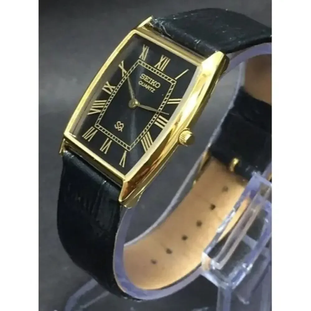 Vintage Style Seiko Quartz Mens Gold Watch & Black accents W/ Leather Strap